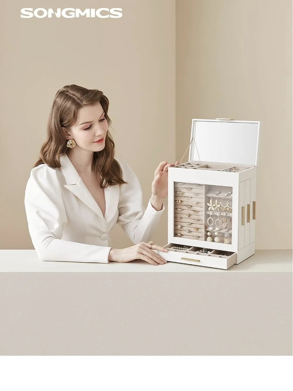 SONGMICS 5-Layer Jewelry Box with Deluxe White Jewelry Organizer Box with Mirror